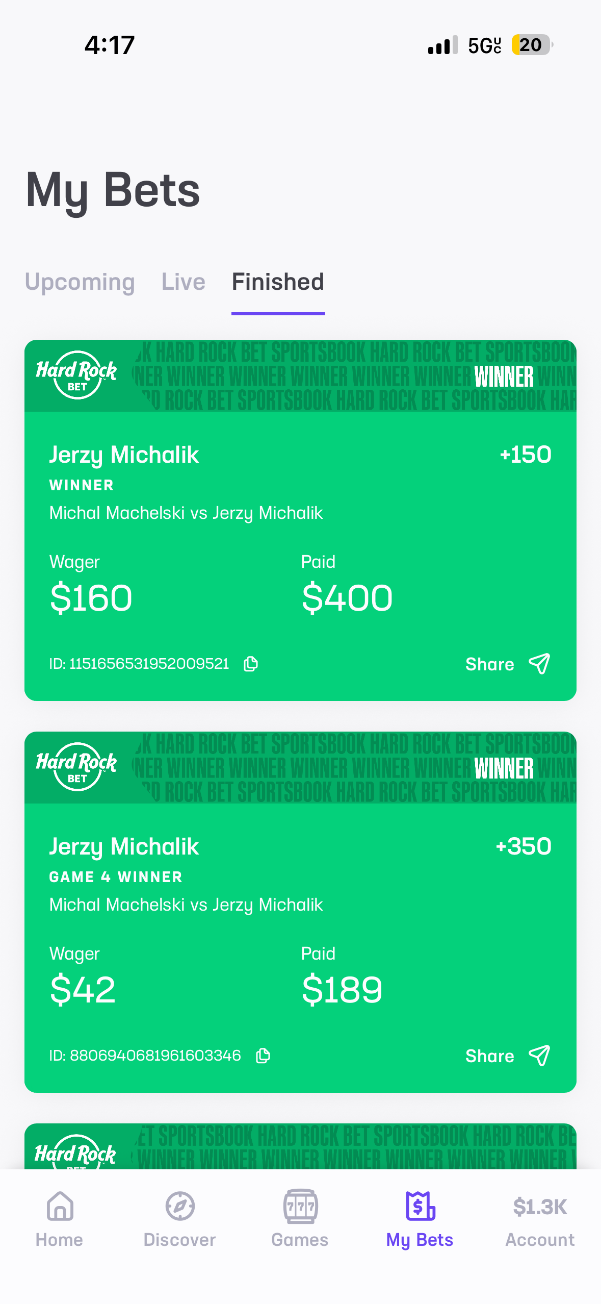 Hard Rock winning slips posted by a member, including $160 wager paid $400 on table tennis