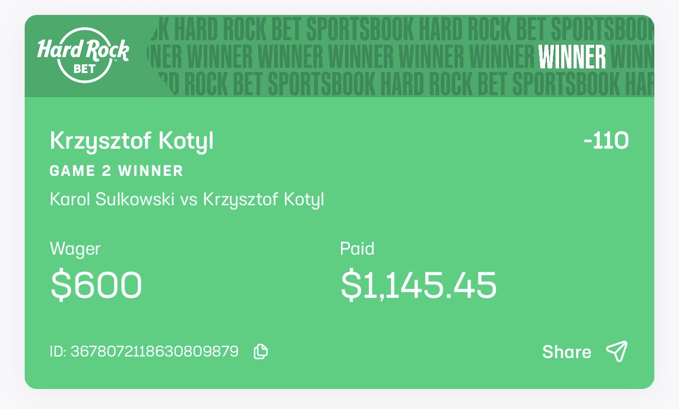 Hard Rock winning slip posted by Nick, $600 wager paid $1,145.45 on table tennis