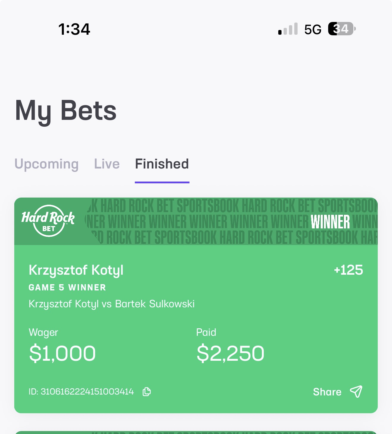 Hard Rock winning slip posted by Nick, $1,000 wager paid $2,250 on table tennis
