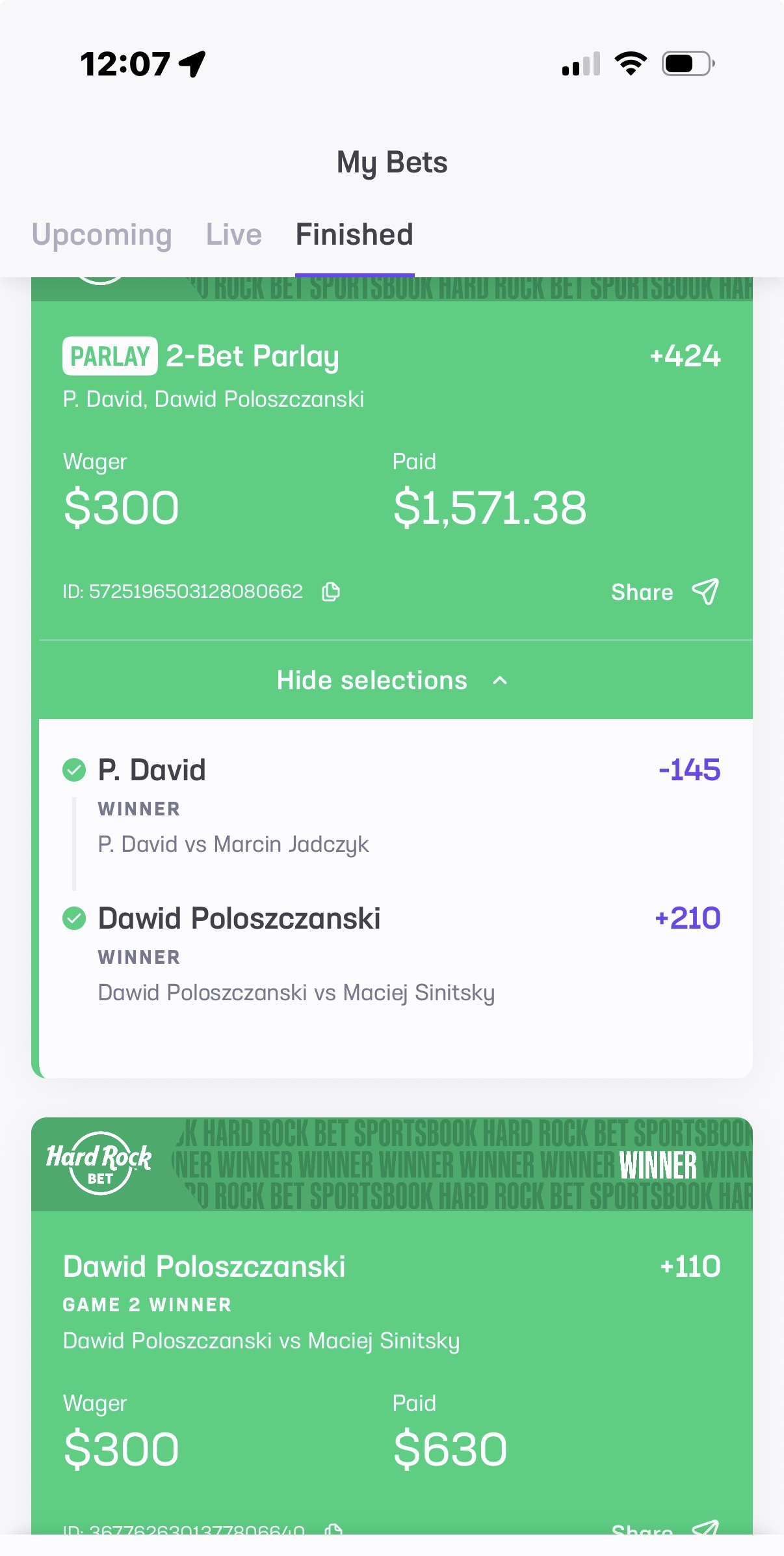 Hard Rock winning parlay posted by Tai, $300 wager paid $1,571.38 on table tennis